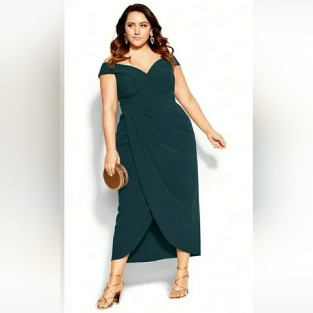 City Chic Dark Green Off-Shoulder Midi Dress